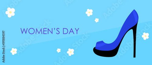 International Women's Day Greeting Card. Vibrant  Background and Cartoon High Hill Shoe. Retro Festive Art Holiday Gift Pattern Print. 8 march Empowerment and Girl's Power Nostalgic 90's Decoration.