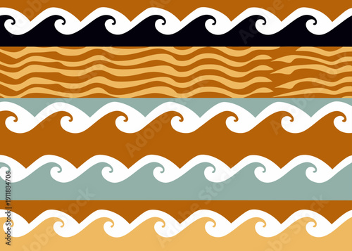 Horizontal bands of stylized wave patterns in earthy tones of brown, teal, and black