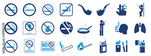 Flat design icons set depicting smoking, no smoking, smoking prohibition, cigarettes, vaping, smoke alerts, health warnings, public signage, and vector illustrations for business, health, and digital 