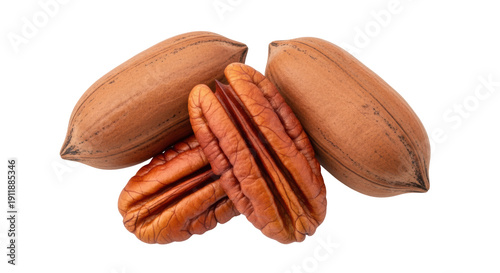 Fotografie Pecan nuts isolated PNG, shelled and unshelled pecan halves on transparent backg