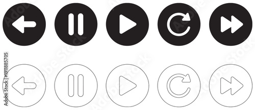 Media Player Circular Icons, Black and White, Rewind, Play, Pause, Repeat, Fast Forward, Vector Set for Audio Video UI