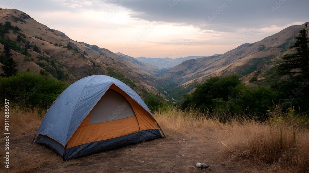 Obraz premium A camping tent is set on a dry grassy hillside overlooking a vast mountain valley during dawn