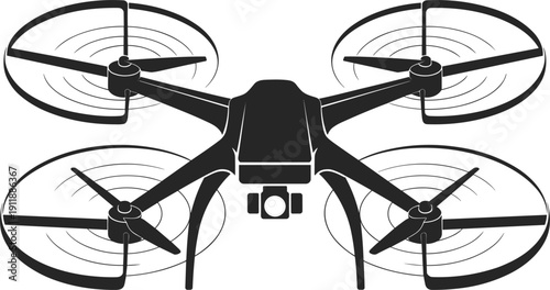 Quadcopter drone silhouette vector illustration with camera and spinning propellers, modern aerial photography technology concept isolated on white background for surveillance and mapping