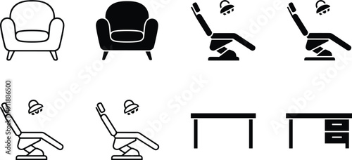 Beauty salon furniture and equipment icons set in solid and outline vector style collection