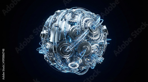 Intricate mechanical sphere made of gears and tubes with blue glowing energy lines