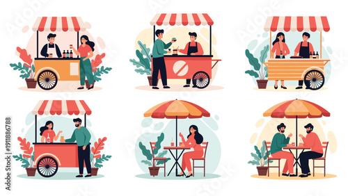 Collection of flat vector illustrations featuring friendly street vendors, customers, and couples dining together in a vibrant market.