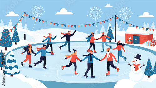 Large group of people enjoying ice skating on a public rink with festive decorations and a snowman during winter.