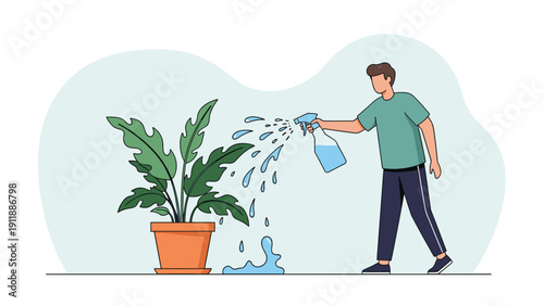 Flat vector illustration of a person caring for his indoor garden, promoting plant health and an eco-friendly living environment.