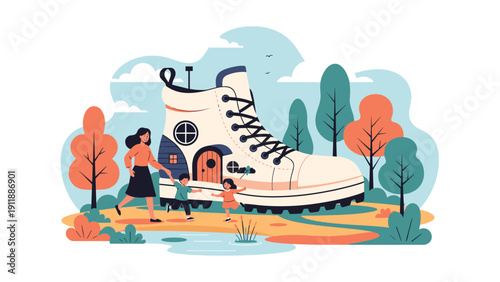 Mother and children walking past a giant house shaped like a white hiking boot in a magical forest setting.