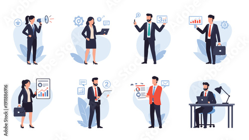 Diverse set of business people in professional attire shown in various working scenarios from presenting to analyzing.