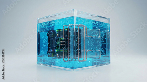 Liquid immersion cooling system for high performance server hardware contained within glass cube with blue coolant