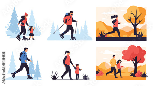 Collage of people enjoying outdoor activities like rollerblading, hiking, and running through various seasons.