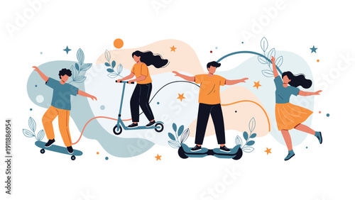 Active people using different modes of transportation including a skateboard, electric scooter, and a hoverboard.