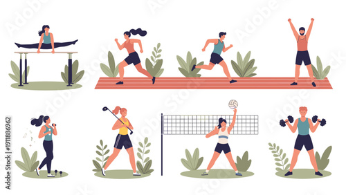 Diverse group of male and female athletes practicing various sports including running, gymnastics, weightlifting, and golf.