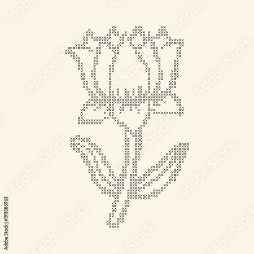 Cross stitch lotus with stem embroidery. Vintage lace floral element. Pixel art flower for trendy ornate design. Delicate mosaic vector plant