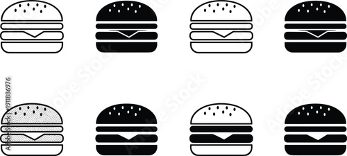 Burger sandwich icons set with cheeseburger silhouettes in solid and outline vector style collection