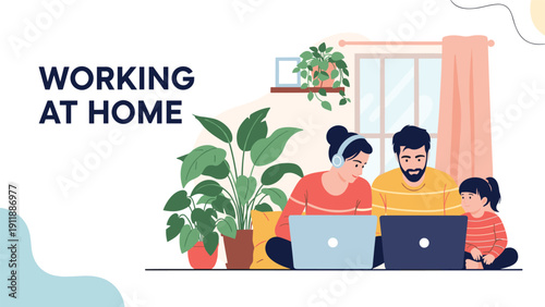 Happy family working from home with parents using laptops at a desk while their young daughter looks on in a cozy room.