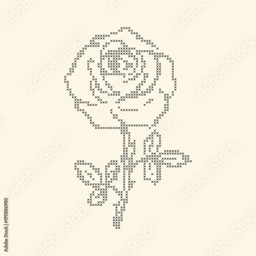 Cross stitch rose with stem embroidery. Vintage lace floral element. Pixel art flower for trendy ornate design. Delicate mosaic vector plant