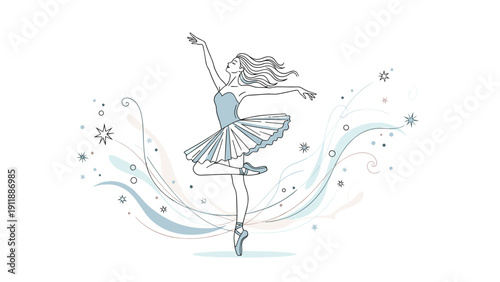 Graceful ballerina performing a delicate dance surrounded by ethereal artistic swirls, stars, and decorative line art elements.