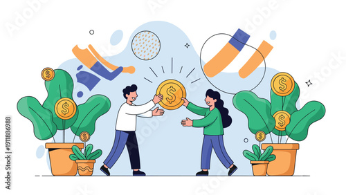 Man and woman sharing a large golden coin between money plants symbolizing successful financial investment and mutual growth.