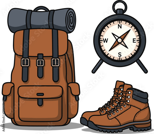 Hiking gear including backpack, compass, and hiking boots for adventure