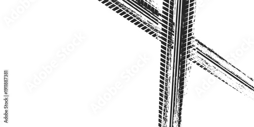 Tire track. Car, bike, motorcycle tyre mark with grunge effect isolated on white background. Wheel footprint on the road. Top view of rubber protector mark