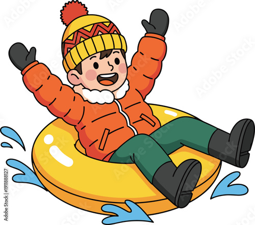 Flat vector illustration of a happy young boy snow tubing downhill wearing an orange winter jacket and yellow hat enjoying active seasonal outdoor recreation, (25 words)