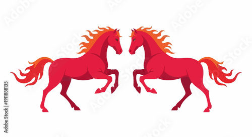 Vector illustration of two red horses facing each other with fiery manes and tails, symbolizing the Year of the Fire Horse in a traditional Chinese New Year design against a white