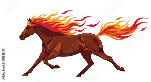 Illustration of a running horse with fiery mane and tail, symbolizing the Year of the Fire Horse in a traditional Chinese New Year design against a clean white background.