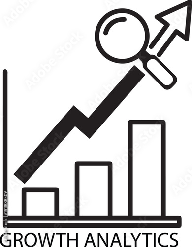 Financial success data visualisation icon with bar chart and magnifying glass for market research