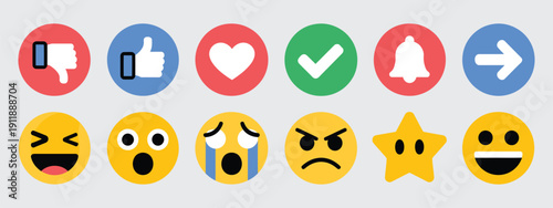 Social Media Emoji Reactions Vector Illustration, Like, Dislike, Heart, Share, Comment, And Other Interaction Icons In Flat Style For Web And App Design.