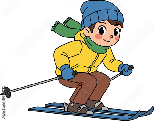 Flat vector illustration of a young boy skiing downhill wearing a yellow jacket blue hat and green scarf enjoying active winter sports recreation, (24 words)