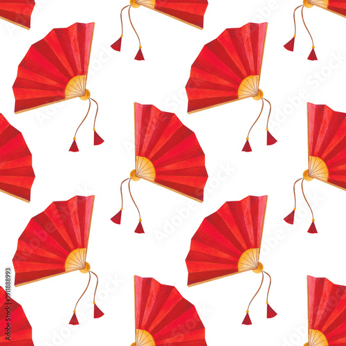 Seamless watercolor Chinese New Year pattern with Asian-inspired elements. Festive red fan. Hand-drawn watercolor illustration.