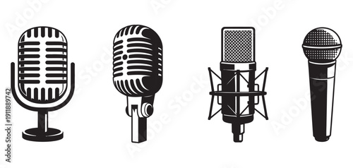 Retro microphones icon collection, vintage mic vector set, audio equipment symbols, classic recording devices, music studio gear, sound production graphics, sound icons