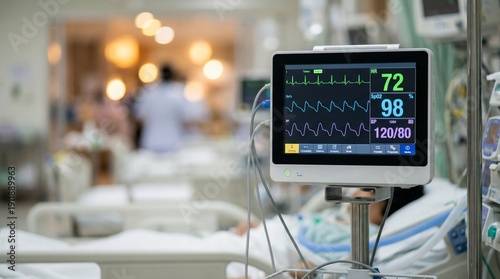 Heart rate monitor displaying vital signs in a busy hospital ward  