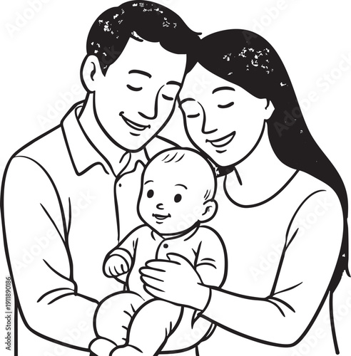 Smiling family with baby and parents in a loving embrace together