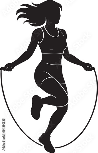 Woman in athletic wear jumping rope with long hair flowing  fitness and exercise