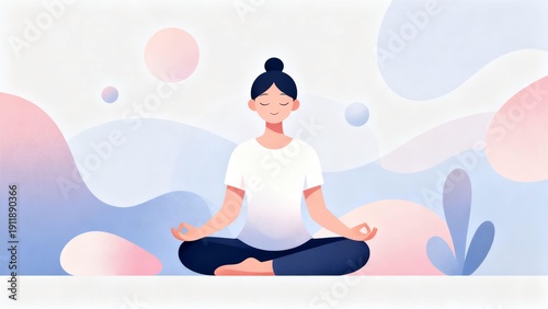 Peaceful Woman Meditating in Lotus Pose Minimalist Pastel Vector Illustration for Mindfulness Wellness and Stress Relief Website