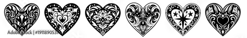 Ornamental Heart Set for Valentines Day, Decorative Love Hearts Made of Floral Swirls Lace Patterns Leaves