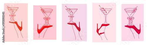 Vintage Martini Cocktail Glasses Balanced on Female Legs in High Heels, Retro Sexy Glamour Nightlife Bar Set, Chic Cabaret Party Aesthetic