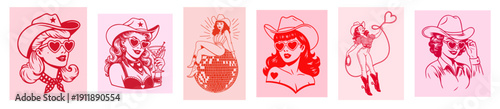 Retro Western Cowgirl Pinup Collection, American 50s 60s 70s Glamour Women in Cowboy, Vintage Rodeo Fashion Portrait Set