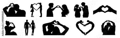 Black Silhouette Romantic Couples Forming Heart Shapes with Hands, Fingers and Body Poses, Jumping and Embracing for Valentine’s Day