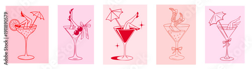 Sexy Female Legs in Martini Cocktail Glasses Set, Retro Cabaret Pinup Burlesque Party, Vintage Night Club Glamour Show