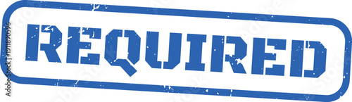 Vector blue distressed stencil stamp with the word REQUIRED in a rounded rectangular outline, isolated on transparent background for web or print.