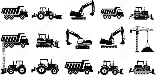 Construction machinery silhouette set including excavator bulldozer dump truck crane and tractor isolated on white background vector illustration