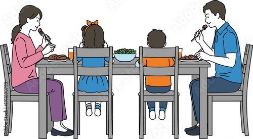Happy Family with Father Mother and Two Children Sitting at Kitchen Table Eating Healthy Meal Together for Domestic Life Relationship and Parenting Concept Illustration