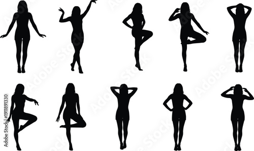 Silhouette collection of woman posing in various elegant fashion stances isolated on white background vector illustration set