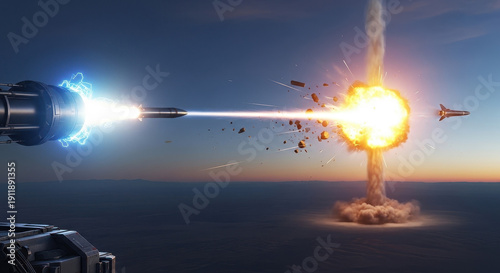 Futuristic missile launch with energy beam intercepting target mid-air