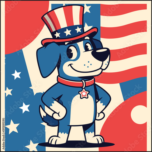 cartoon dog in Uncle Sam hat and vintage t-shirt design, in American theme