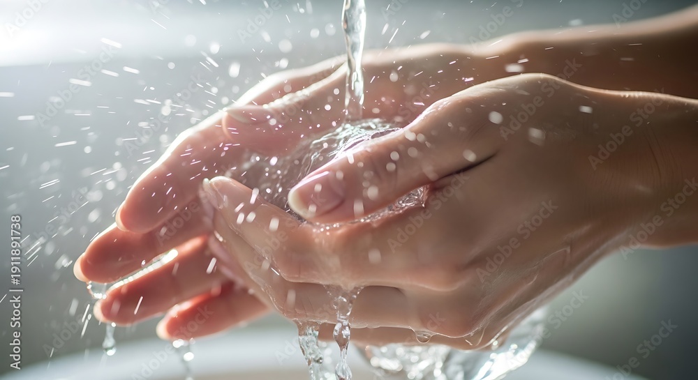 Fototapeta premium Hands cleansing under streaming fresh water with sparkling light drops